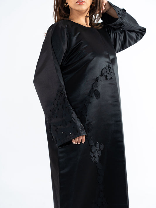 Noir Abaya with floral 3D leaf designs