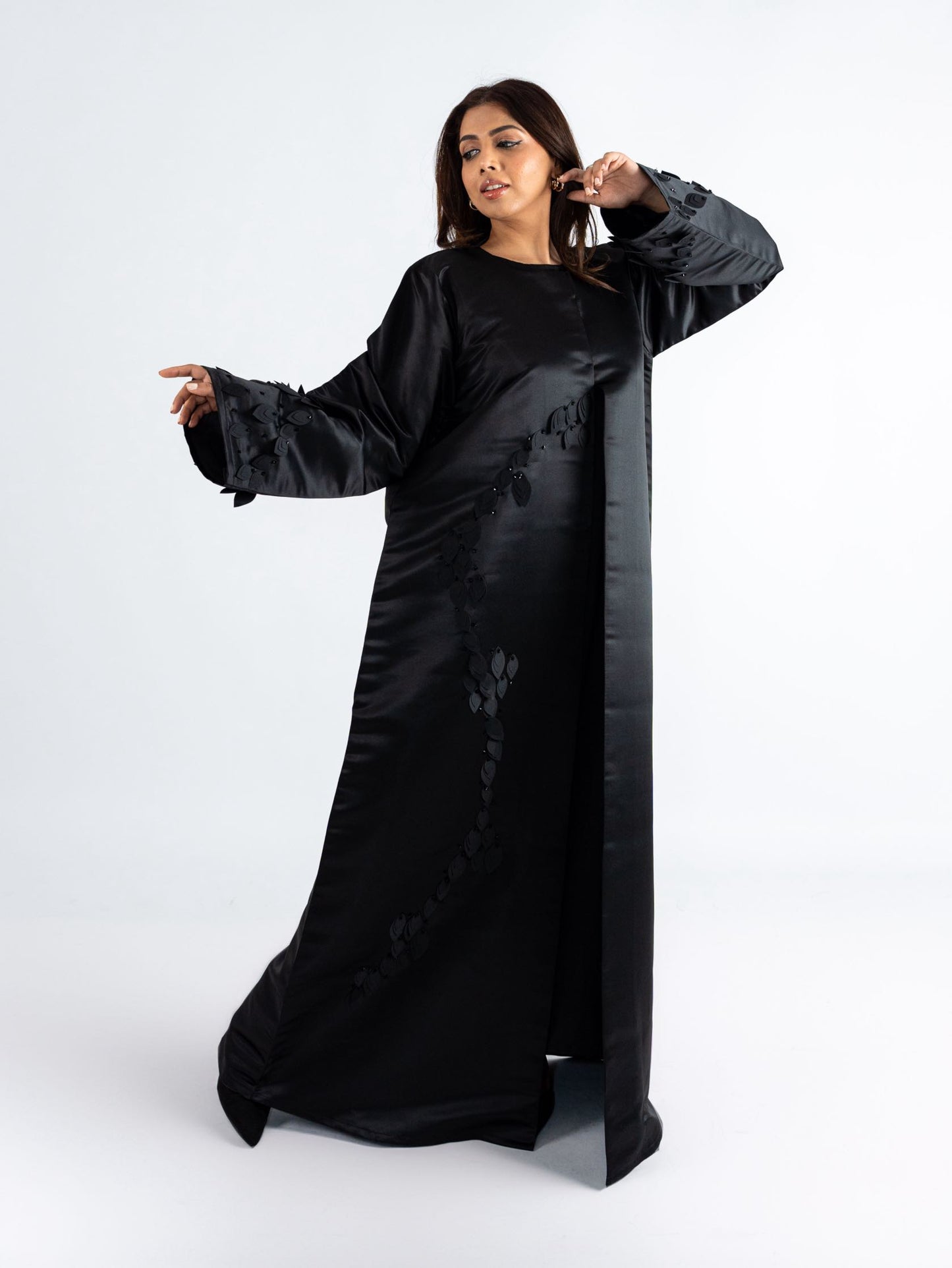 Noir Abaya with floral 3D leaf designs