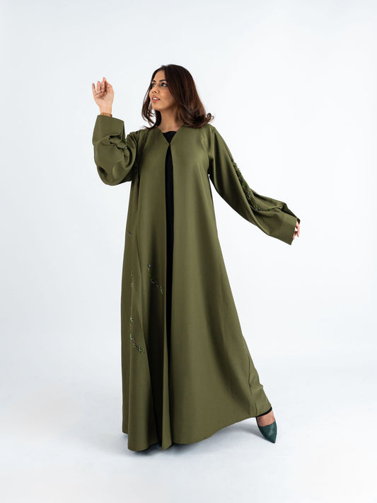 Olive green art stone enriched Abaya
