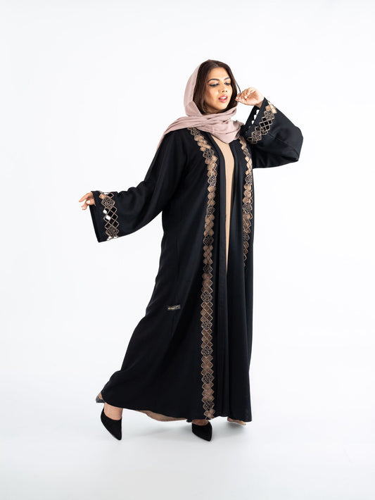 Black Abaya with applique theme in moka