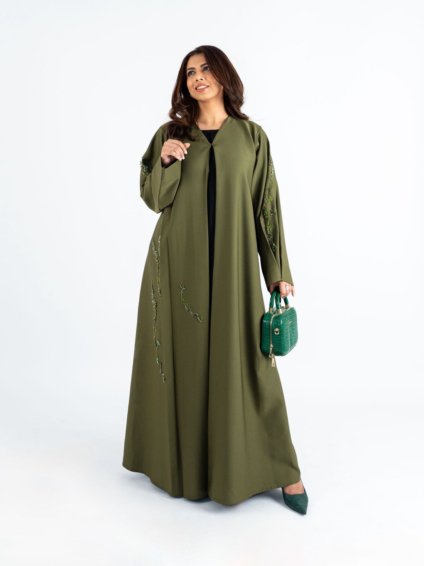 Olive green art stone enriched Abaya