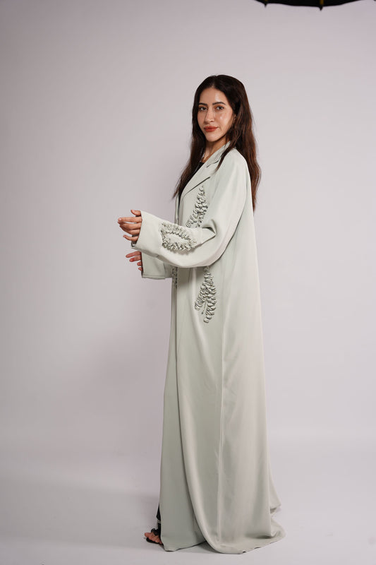 Pastel grey 3D seashell inspired applique Abaya