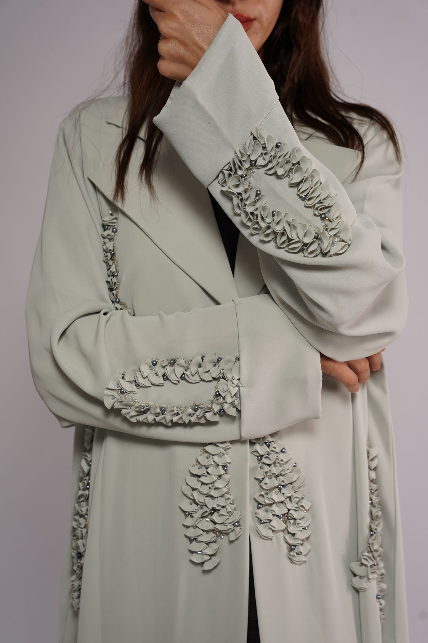Pastel grey 3D seashell inspired applique Abaya