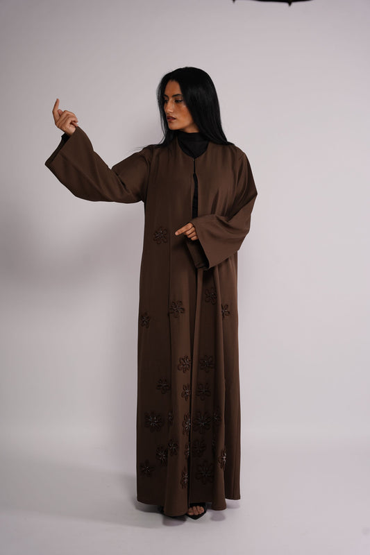Coco brown Abaya 3D inspried flower applique