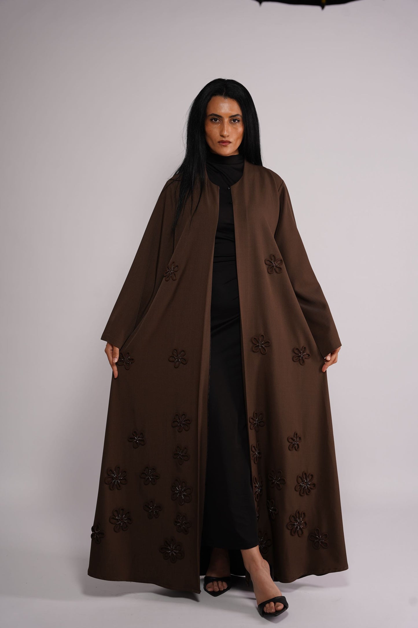 Coco brown Abaya 3D inspried flower applique