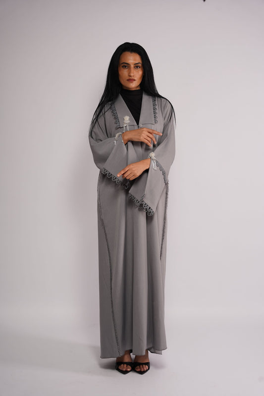 Abaya with embellished V collar and open flaps