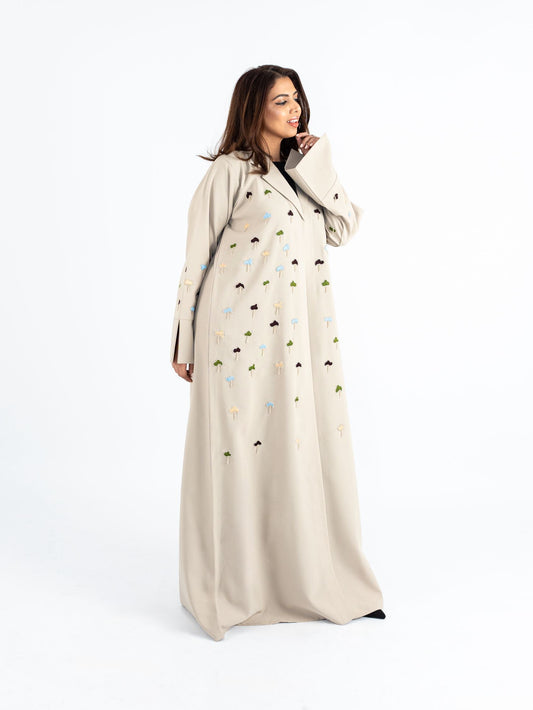 Forest pearl Beige Crepe Fua fabric Abaya