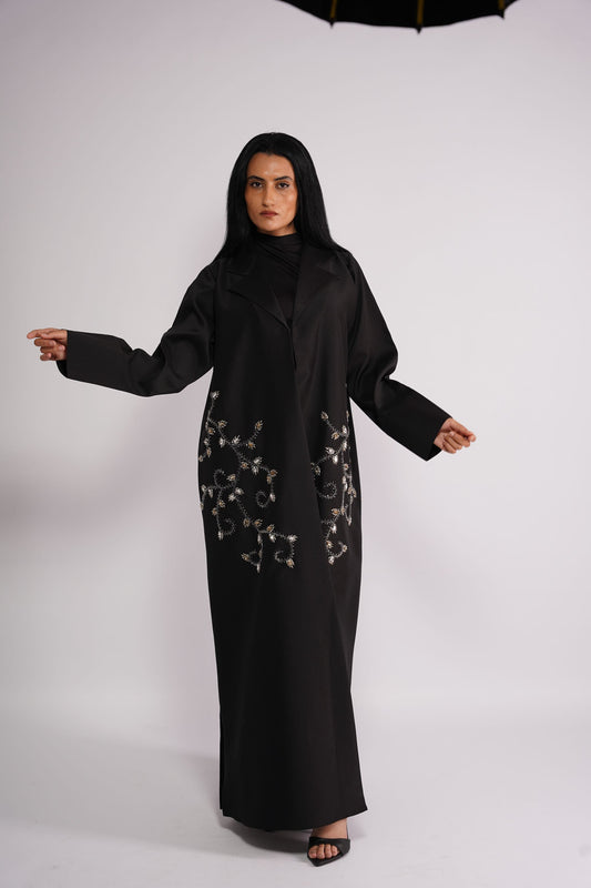Black collared Abaya with art stones