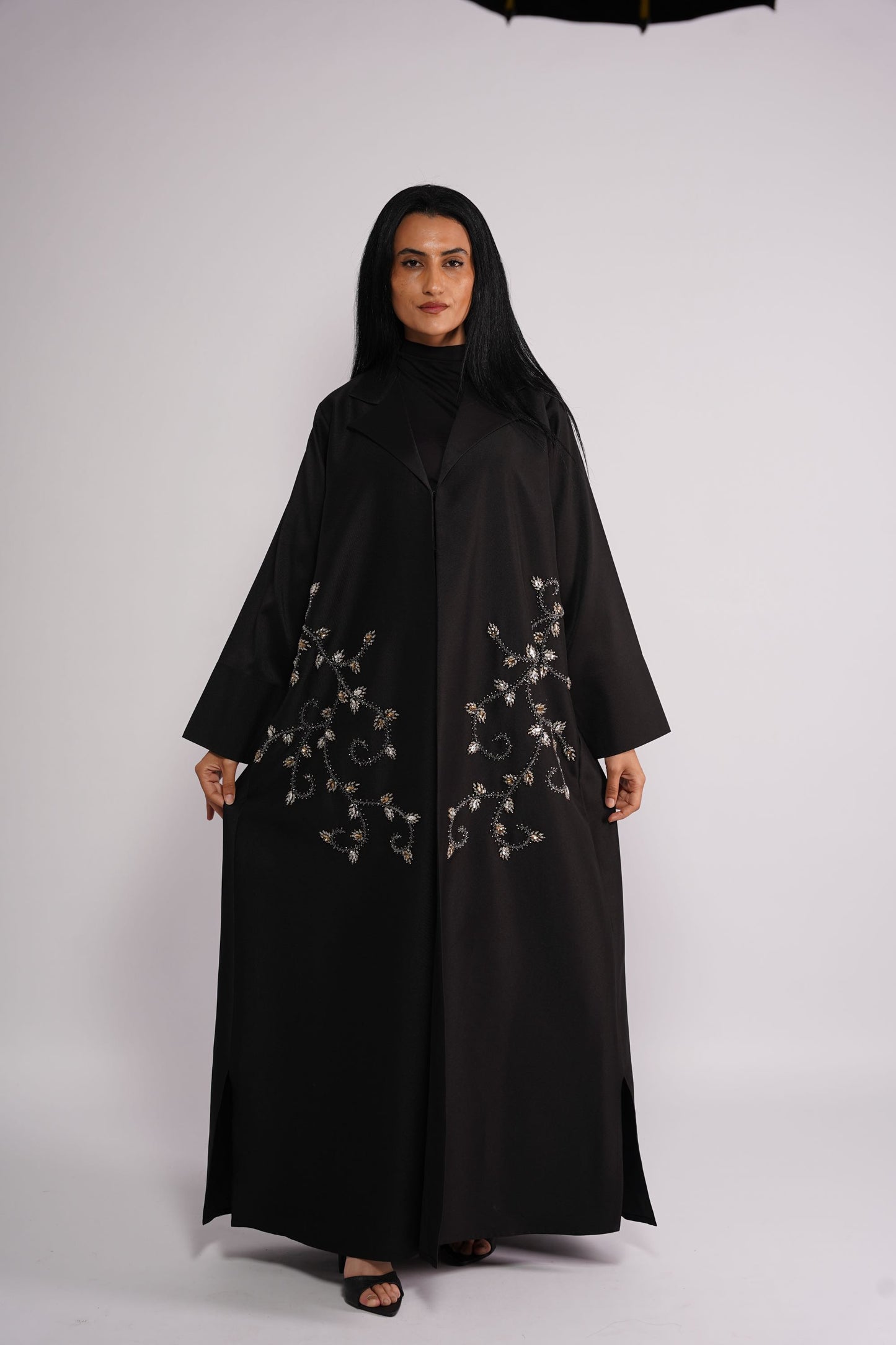 Black collared Abaya with art stones