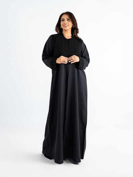 Black Fua jacquard fabric Abaya in upper geormetrical design