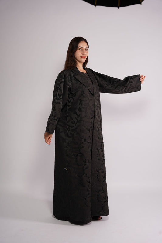 Abaya in soft jacquard with floral pattern
