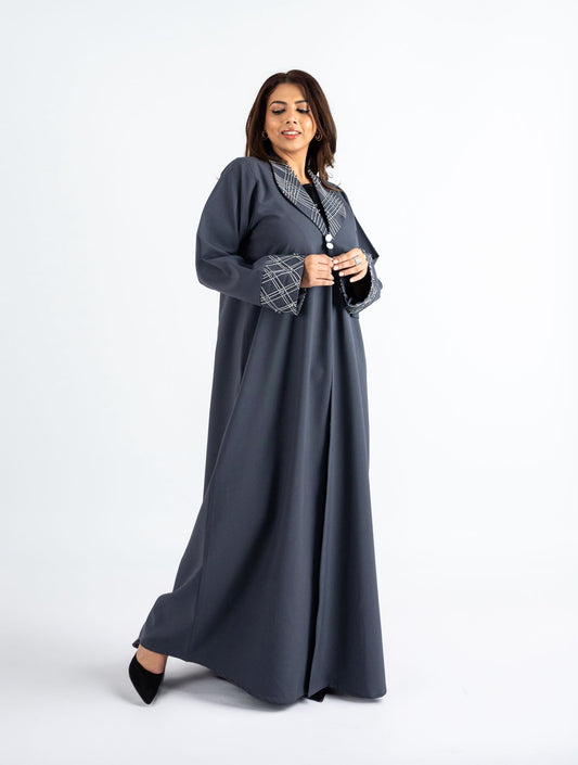 Grey collared lapels style buttoned Abaya