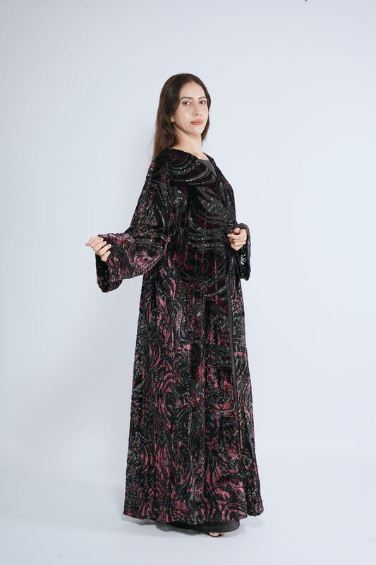 Red velvet-themed Abaya soft fabric bark pattern