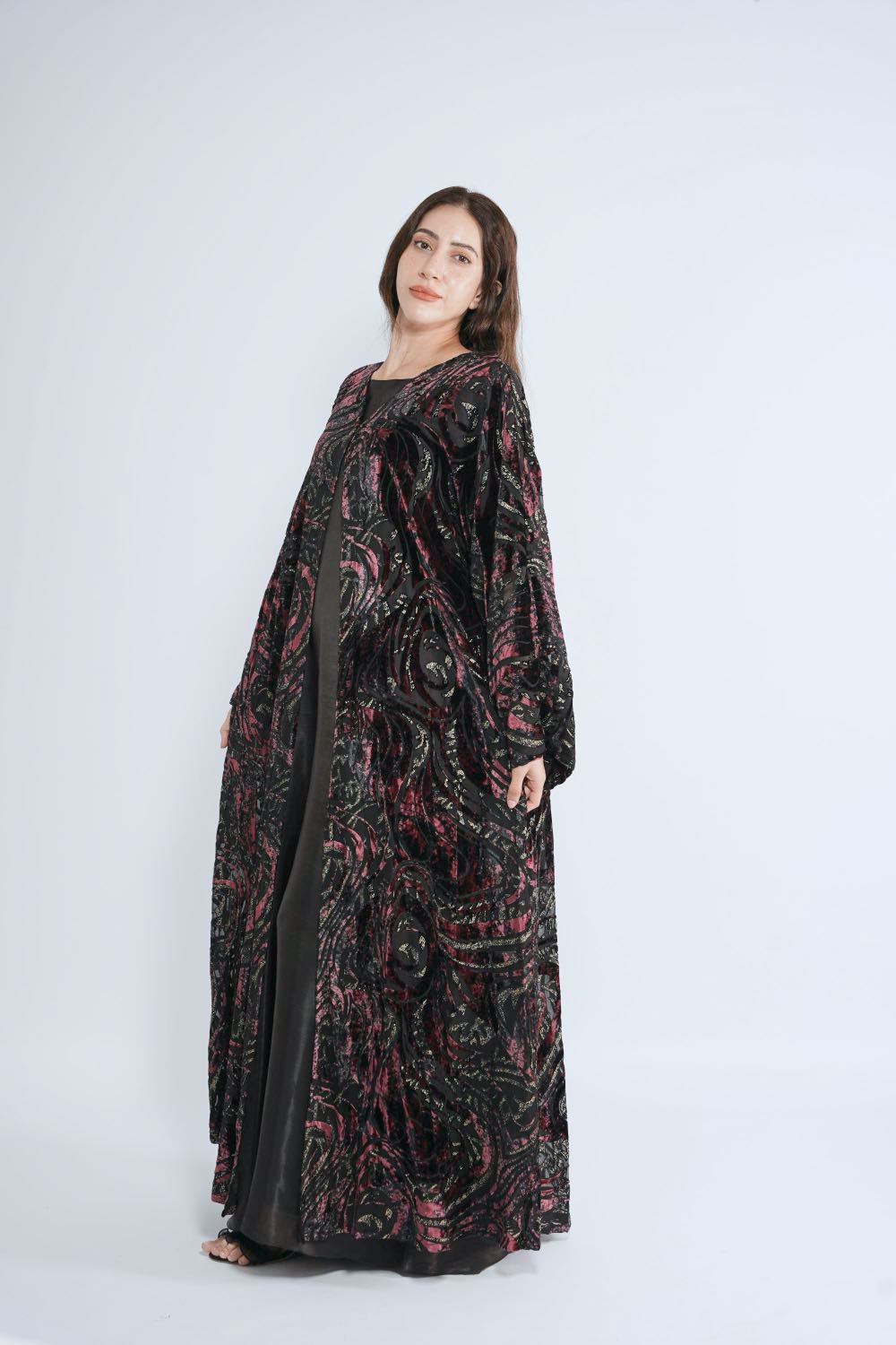 Red velvet-themed Abaya soft fabric bark pattern