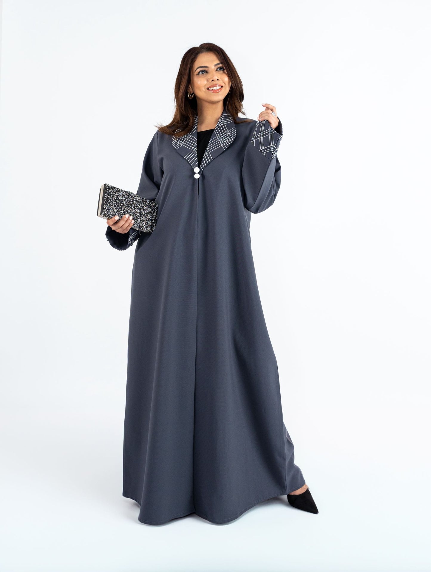 Grey collared lapels style buttoned Abaya
