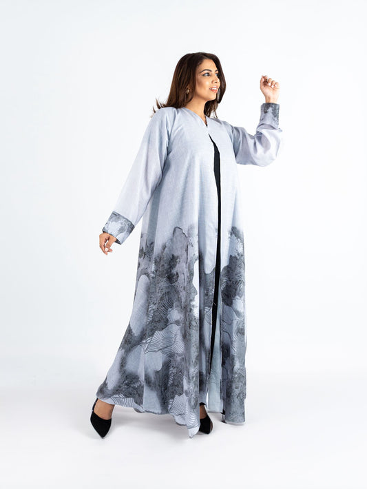 Cloud grey linen Abaya shrub patterns