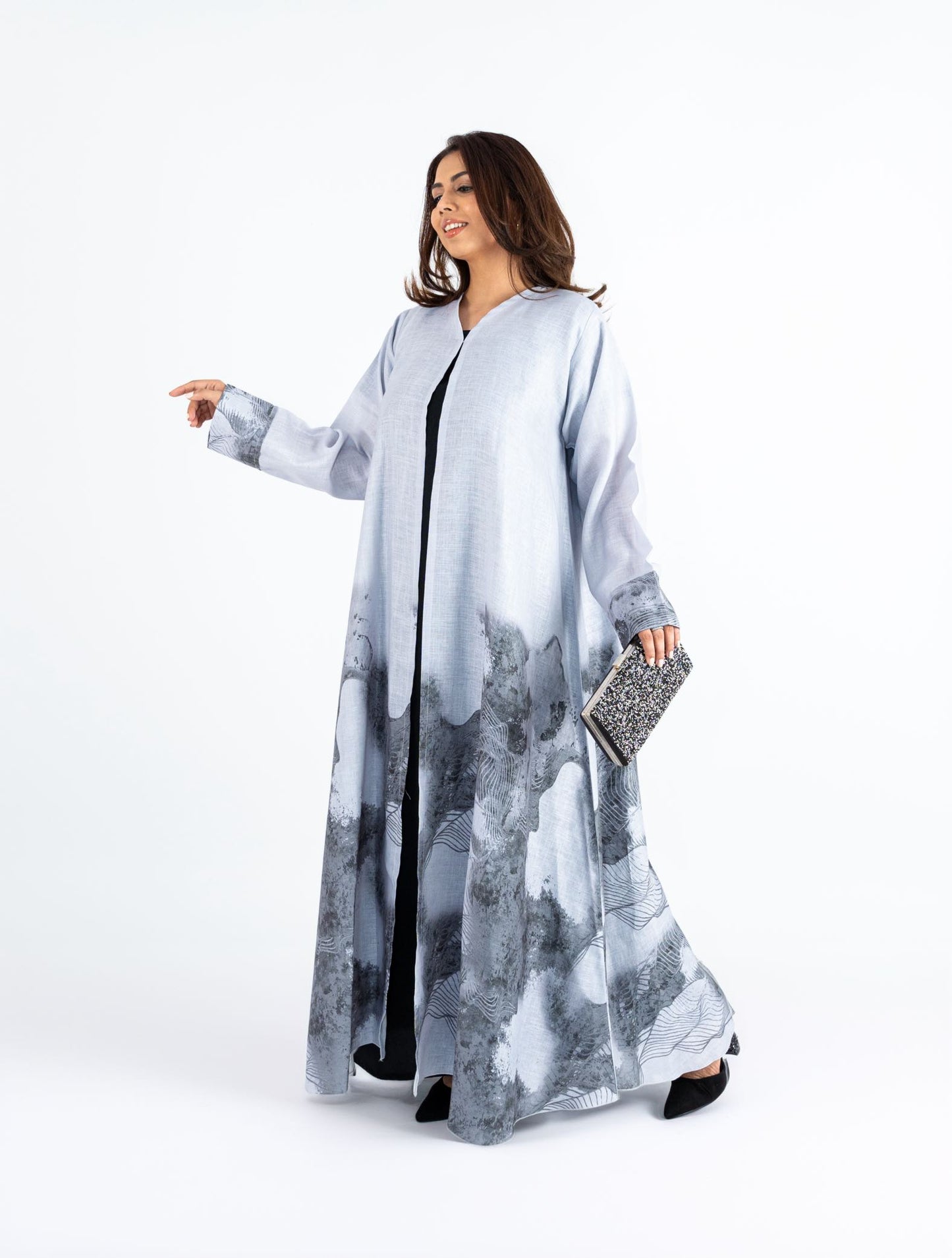 Cloud grey linen Abaya shrub patterns