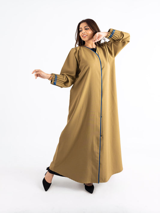 Gold Satin Abaya with Royal blue lace styles