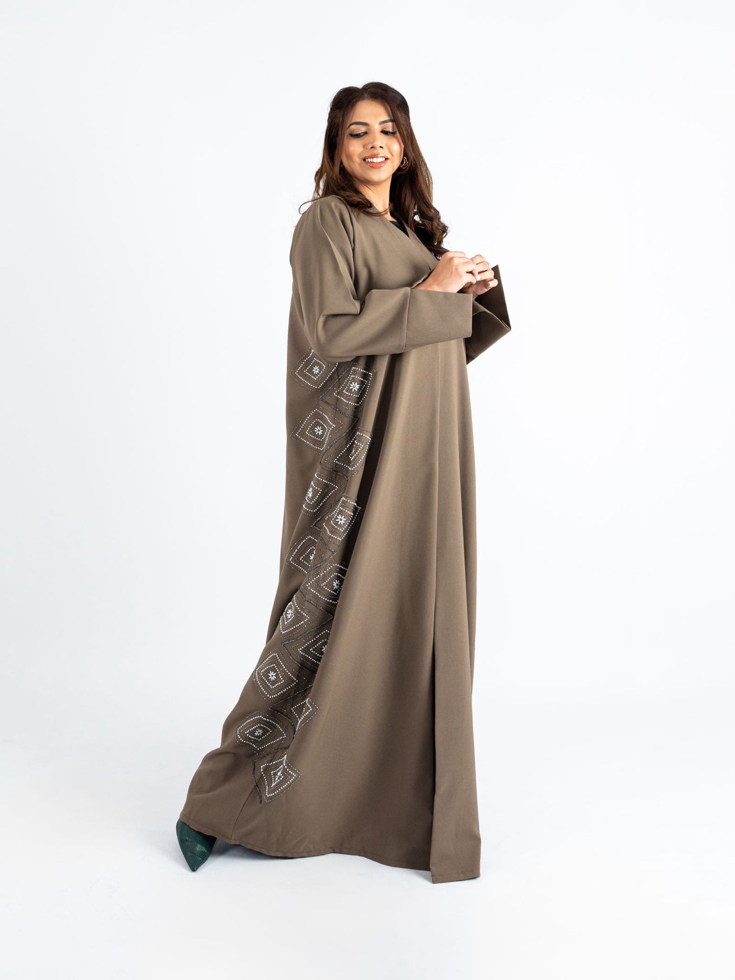 Mocha Abaya in rhomboid embellishments